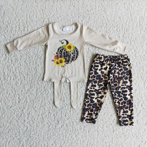 Promotional Criss-Cross Sunflower Leopard Print Pumpkin Girls Long Sleeve+Trousers Sets