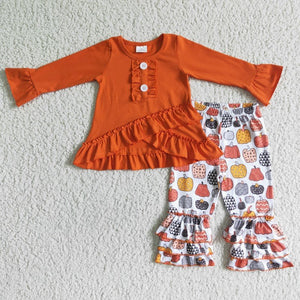 Pumpkin Orange White Asymmetric Girls Long Sleeve+Trousers Sets