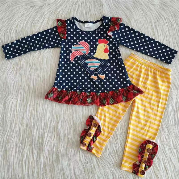 Promotional Chicken Navy Girls Long Sleeve+Trousers Sets