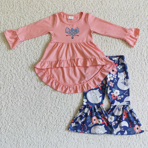 Fox Floral Asymmetric Girls Long Sleeve+Trousers Sets