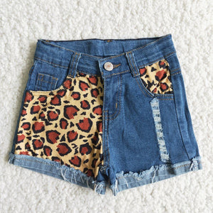 Leopard Print Patchwork Girls Jeans Denim Shorts