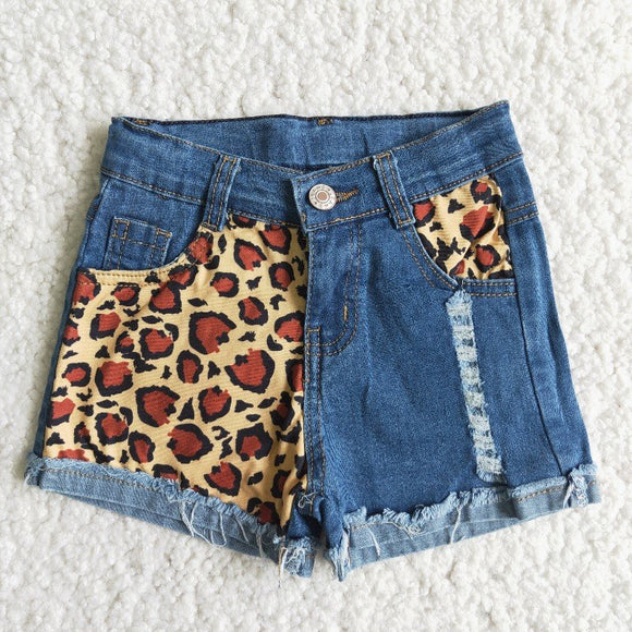 Leopard Print Patchwork Girls Jeans Denim Shorts