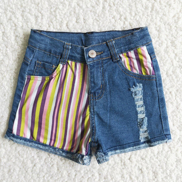 Stripes Patchwork Girls Jeans Denim Shorts