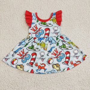 Cartoon Cats Reading Red Girls Flutter Sleeve Dress
