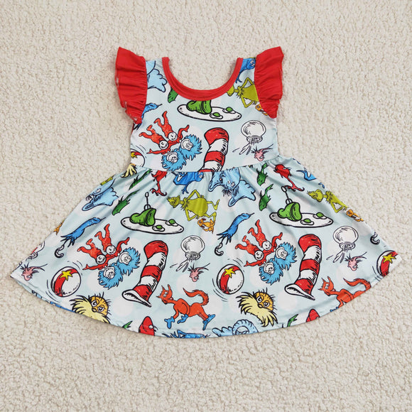 Cartoon Cats Reading Red Girls Flutter Sleeve Dress