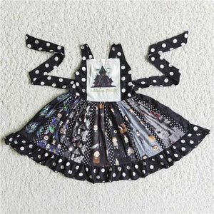 Cartoon Patchwork Black Castle Girls Halloween Dress