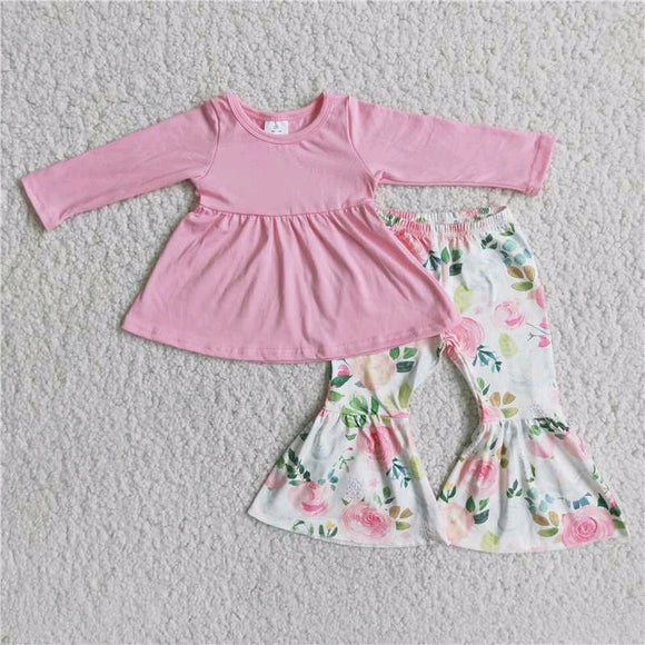 Promotional Solid Color Pink Floral Girls Long Sleeve+ Trousers Sets