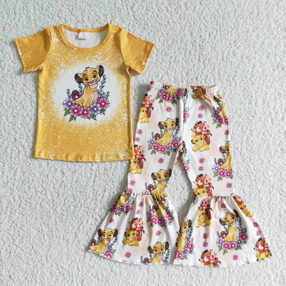 Cartoon Lion Floral Yellow Girls Short Sleeve+Trousers Sets