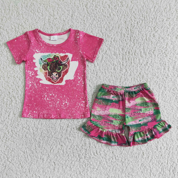 Promotional Heifer Cow Hot Pink Camo Girls Shorts Sets