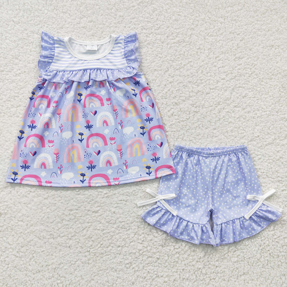 Promotional Floral Rainbow Polka Dots Bow Girls Shorts Sets