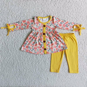 Promotional Pink Floral Bows Yellow Legging Girls Long Sleeve+Trousers Sets