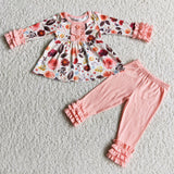 Promotional Pink Ruffles Floral Legging Girls Long Sleeve+Trousers Sets