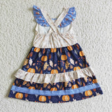 Pumpkin Floral Blue Girls Flutter Sleeve Dress