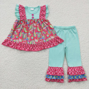 Promotional Floral Hot Pink Girls Short Sleeve+Trousers Sets