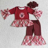 Reindeer Flared Sleeve Plaid Red Girls Christmas Outfits