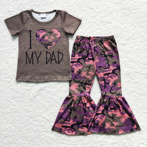 Promotional I Love My Dad Letters Jungle Camo Girls Short Sleeve+Trousers Sets