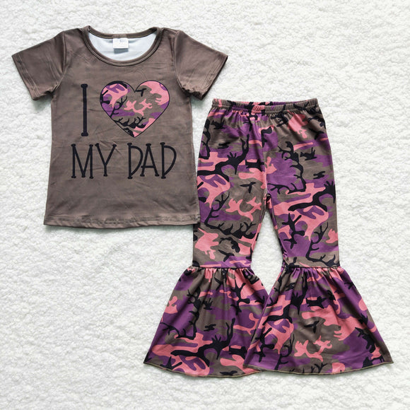I Love My Dad Letters Jungle Camo Girls Short Sleeve+Trousers Sets