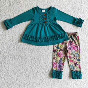 Promotional Green Ruffles Floral Legging Girls Long Sleeve+Trousers Sets