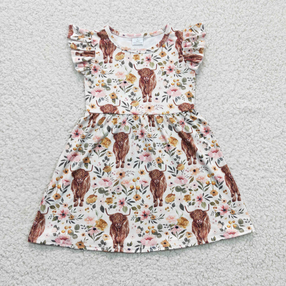 Promotional Highland Cow Floral Girls Flutter Sleeve Dress