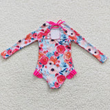 Floral Hot Pink Girls Swimsuits