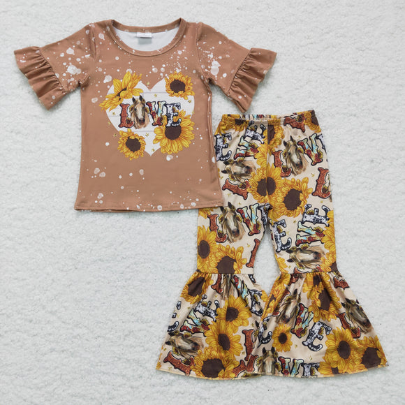 Love Horse Sunflower Girls Short Sleeve+Trousers Sets