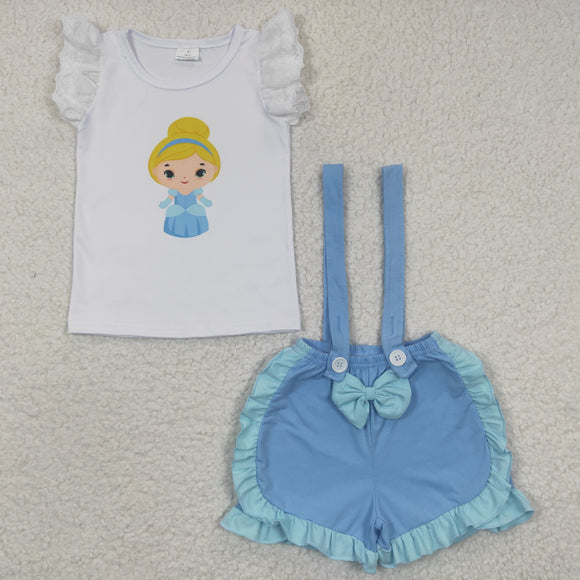 Cartoon Princess Blue Suspender Girls Shorts Sets