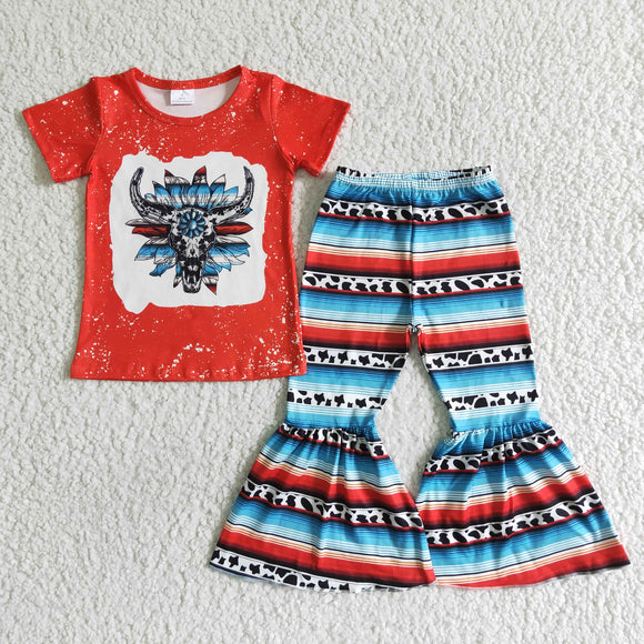 Promotional Serape Cow Red Girls Short Sleeve+Trousers Sets