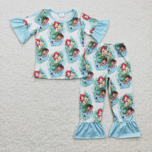 Cartoon Mermaid Fish Sky Blue Ruffles Short Sleeve Pajamas