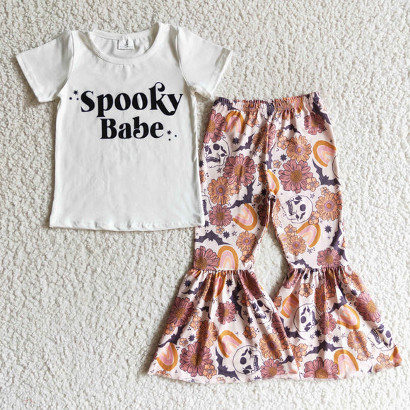 Spooky Babe Letters White Pink Skull Floral Girls Halloween Outfits