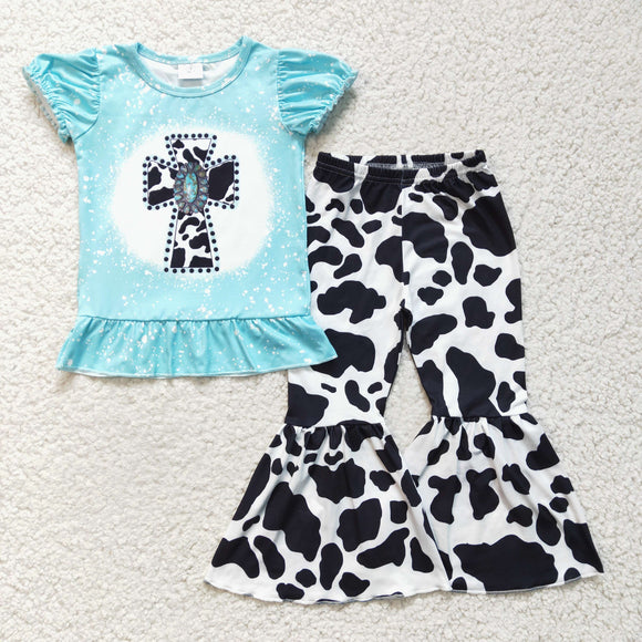 Cross Cow Print Blue Ruffles Girls Easter Outfits