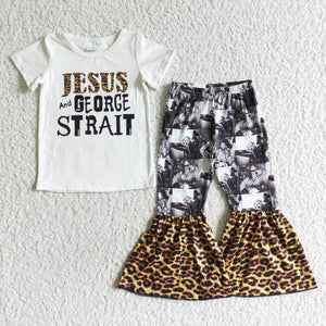 Promotional Jesus Leopard Print White Girls Short Sleeve+Trousers Sets