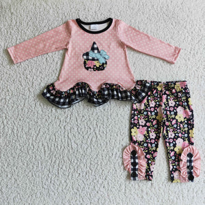 Pumpkin Plaid Pink Floral Legging Girls Long Sleeve+Trousers Sets