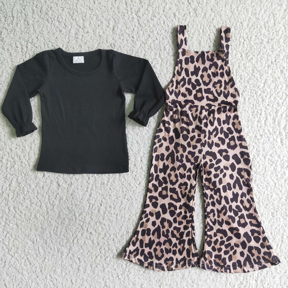 Leopard Print Black Girls Suspender Pants Overalls Sets