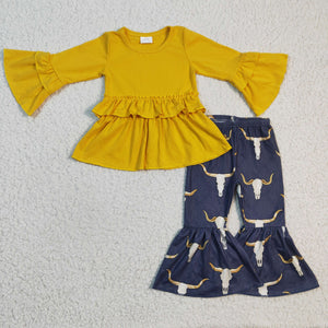 Promotional Solid Yellow Ruffles Highland Cow Girls Long Sleeve+Trousers Sets