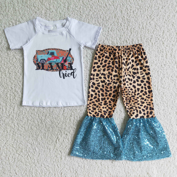 Promotional Mama Tired Sequin Girls Short Sleeve+Trousers Sets