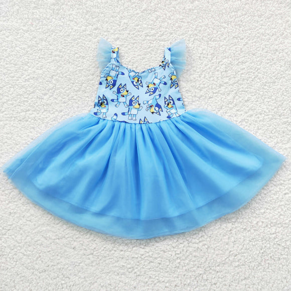 Cartoon Dogs Sky Blue Gauze Tulle Girls Flutter Sleeve Dress