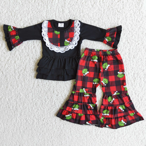 Cartoon Lace Plaid Girls Christmas Outfits