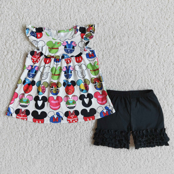 Promotional Cartoon White Black Girls Shorts Sets