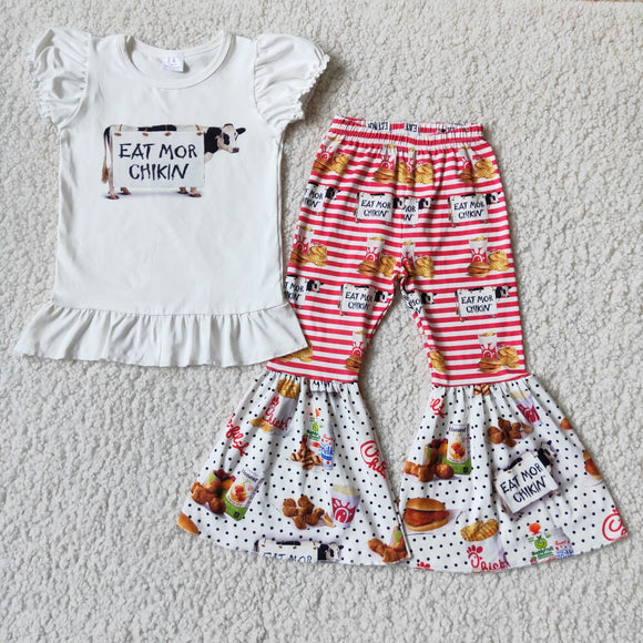 Promotional Eat More Chikin Cow Print Girls Short Sleeve+Trousers Sets