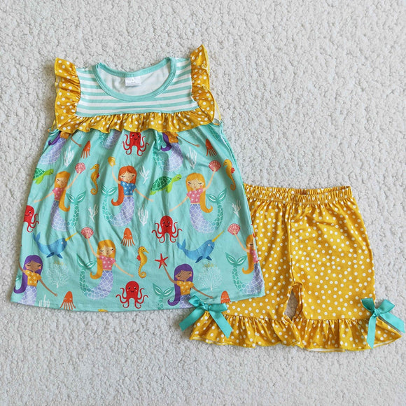 Promotional Cartoon Mermaid Yellow Polka Dots Girls Shorts Sets