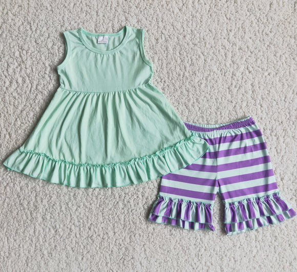 Solid Green Purple Stripe Girls Shorts Sets