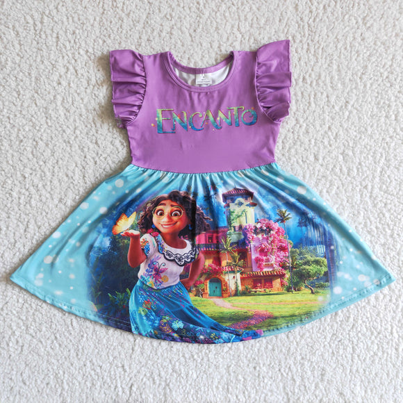 Promotional Purple Cartoon Girls Flutter Sleeve Dress
