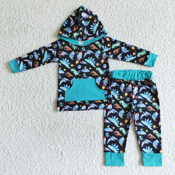 Promotional Cartoon Dinosaur UFO Blue Boys Fall Hoodie Sets