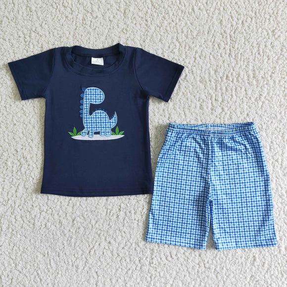 Dinosaur Embroidery Blue Plaid Navy Boys Shorts Sets