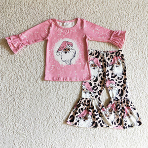 Promotional Santa Leopard Print Pink Girls Christmas Outfits