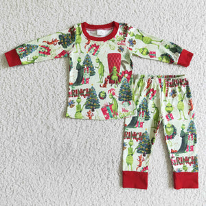 Cartoon Green Red Boys Christmas Pajamas