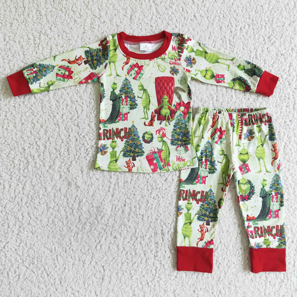 Cartoon Green Red Boys Christmas Pajamas