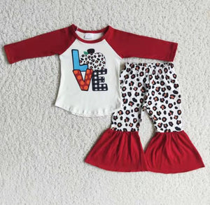 Love Pumpkin Leopard Print Red Girls Long Sleeve+Trousers Sets