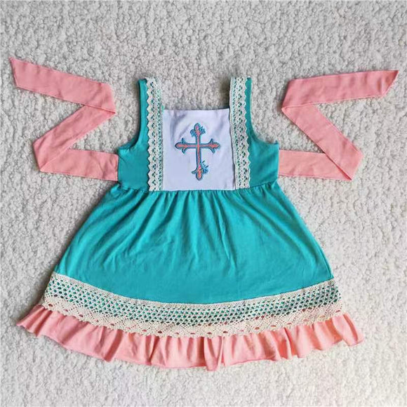 Cross Embroidery Belt Lace Girls Easter Dress