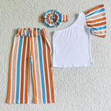 Promotional Red Orange Stripes One Shoulder Girls Short Sleeve+Trousers Sets